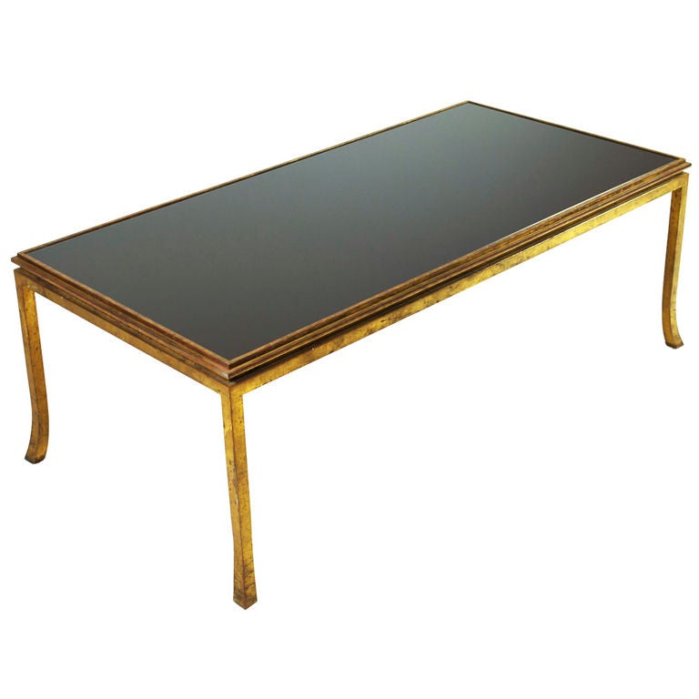 Chic Ramsay Gilt Bronze and Black Opaline Glass Coffee Table For Sale
