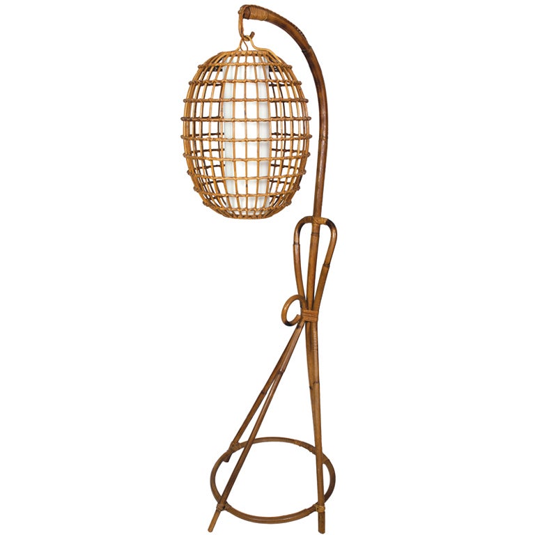 Vintage Wicker Floor Lamp with Hanging Shade at 1stdibs