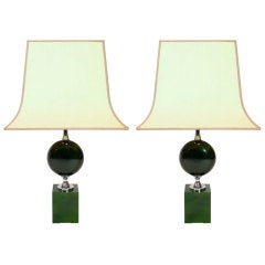 A Pair of Green Lacquered Metal Table Lamps by Barbier