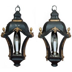 Pair of  Chic Black Tole and Parcel-Gilt Hanging Lanterns