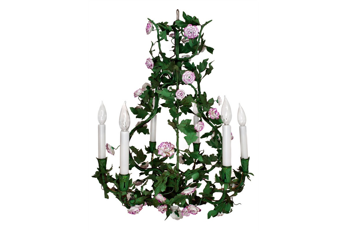 Late 19th Century Green Tole Chandelier with Pink Porcelain Flowers