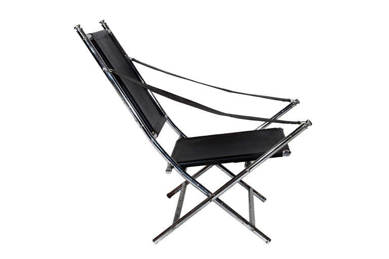French Chrome and Black Leather Folding Chair, Possibly by Maison Jansen