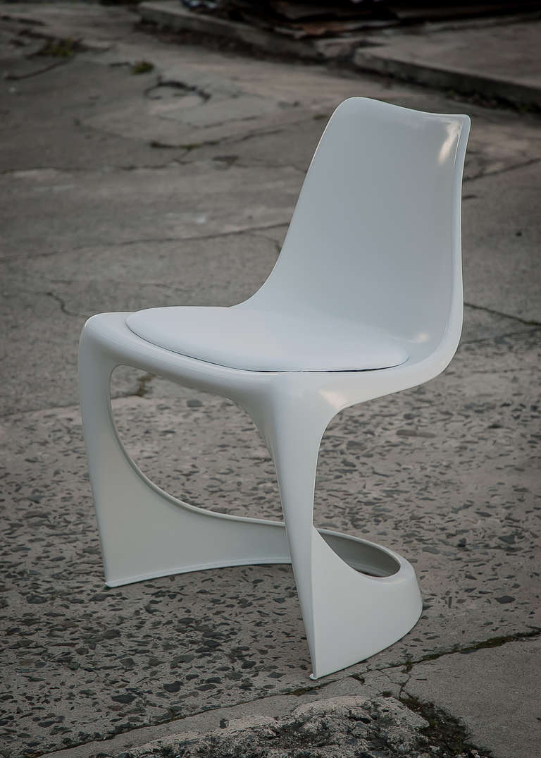 Vintage Steen Ostergaard Cado Chair 1972 Norway
Free form white polyester chair with white leather seat, manufacturer’s embossed brand in mold.  Refinished gelcoat form with newly replaced leather cover over new foam.
Ultra sturdy design defies