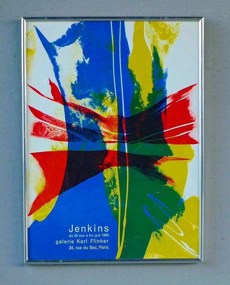 Vintage Art Exhibition Lithograph/Poster
Dynamic red, blue, green and yellow abstract litho reproduction of Paul Jenkins signature composition for gallery art opening notice with period helvetica font that reads:
