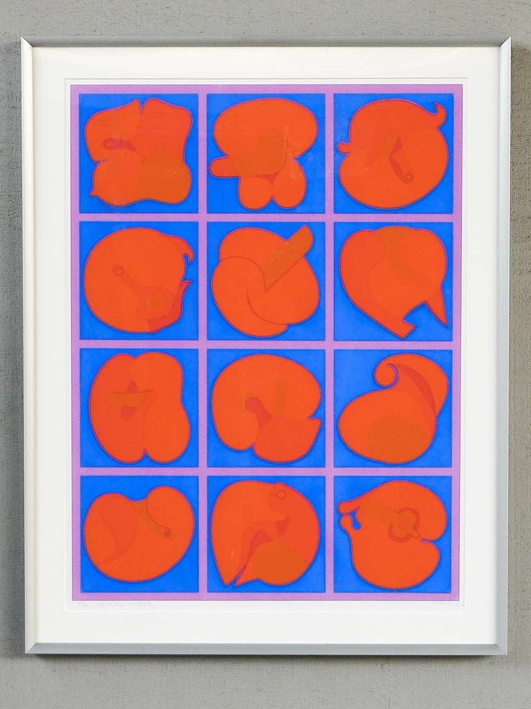 Serigraph by Japanese born, New York based, Takeshi Kawashima.
Variation on abstract forms in orange and blue.
Artist signed, titled and numbered in pencil bottom right and left:
23/40 