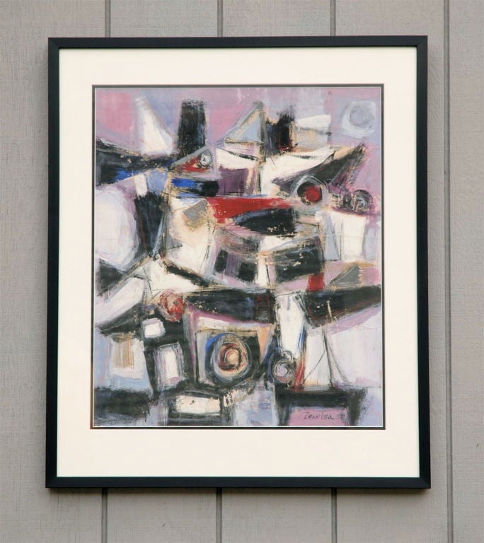 Abstract composition incorporating delicate hues of violet, pink, and lavendar with bold black and red forms by Bernard J. Zawisa (1925-2000)  Artist signed and dated 1957.
BA Wesleyan University; MFA University of Iowa; Artist/Professor Emeritus