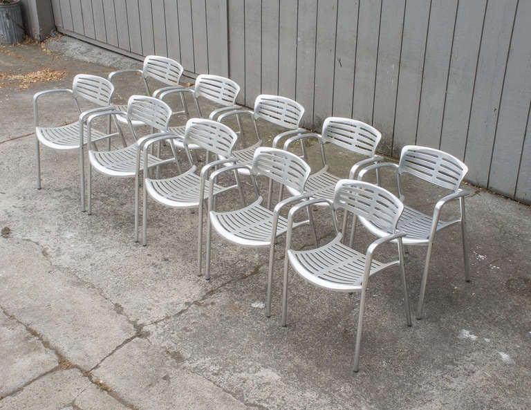 Set of Ten Cast aluminum outdoor chairs by Jorge Pense.
The now classic 