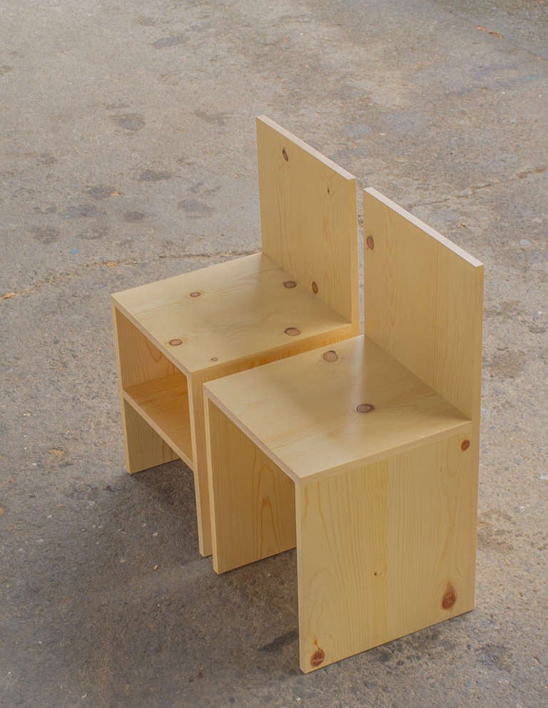 Donald Judd creation, 1983, these issued by Judd Foundation, 2003.
The classic pairing of  forms 34/35 consists of one style #6 shelf and style #7 diagonal.
Brand/stamp to bottom: 