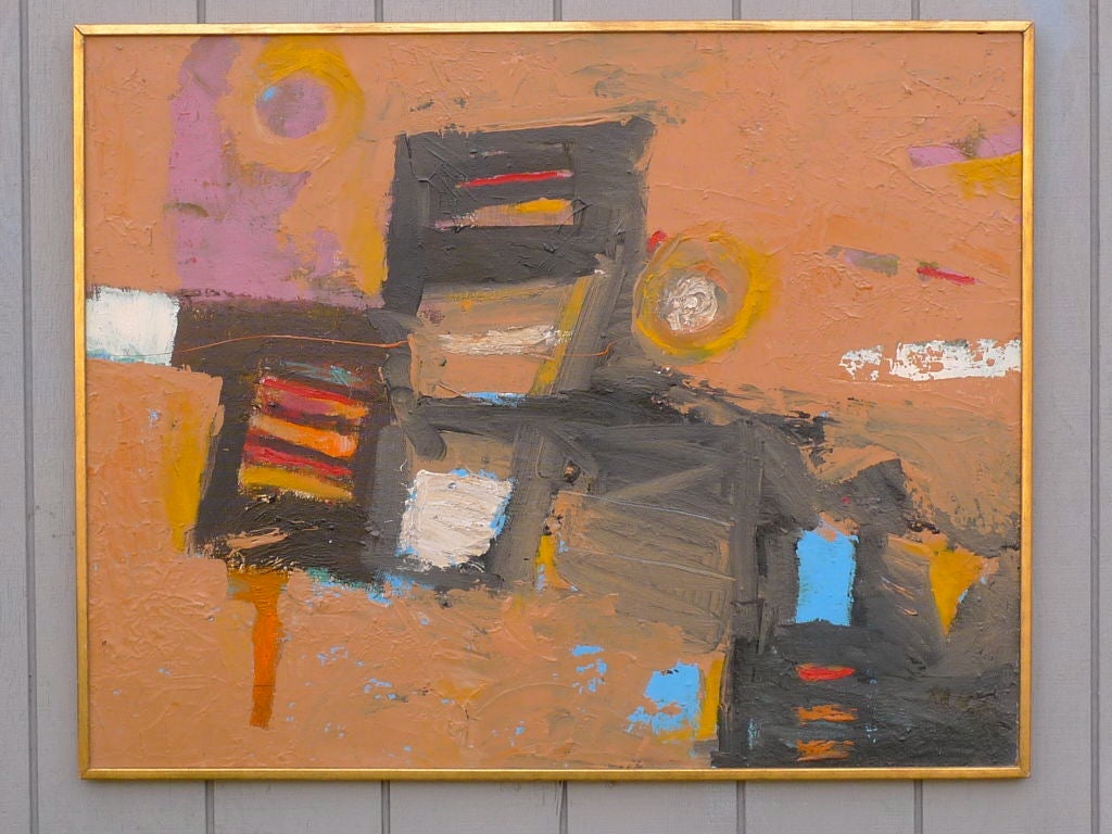 Expressive and colorful abstract oil on board by Ralph Johnson, 1958.  <br />
Abstracted landscape suggested here with terrain and sunset forms and color peppered with compartmental boxlike forms animated along a diagonal trajectory.<br />
Born