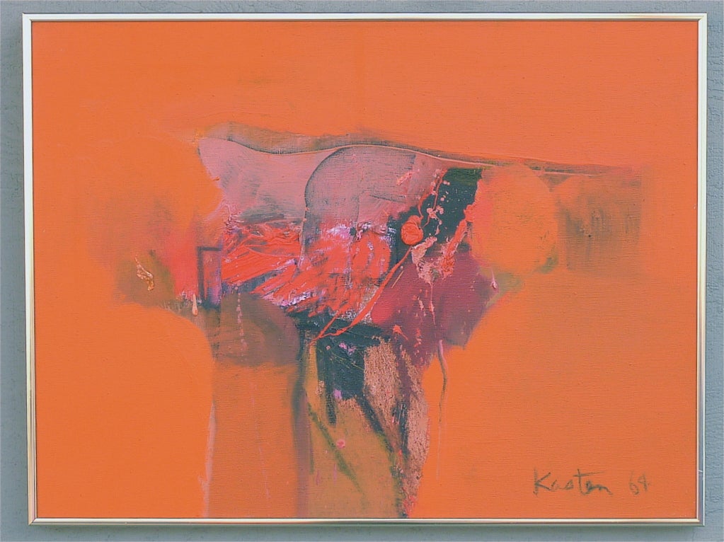 Karl Kasten figurative abstract oil on canvas in orange, red, lavender, and earth tones in original brass period-Nielsen style frame.  Artist signed and dated 1964 lower right, also artist signed and titled on back of canvas: “Icon.