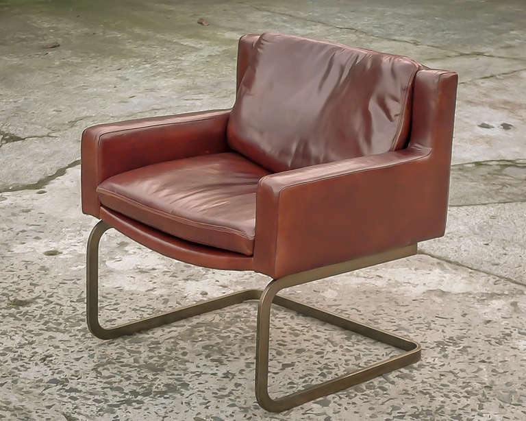 Stendig 1148 Xanadu leather arm chair with supple new leather. 
Original warm patina to brass wash cantilevered base 
Newly upholstered in extremely supple variegated tone leather of the highest quality with original snap buttons and original