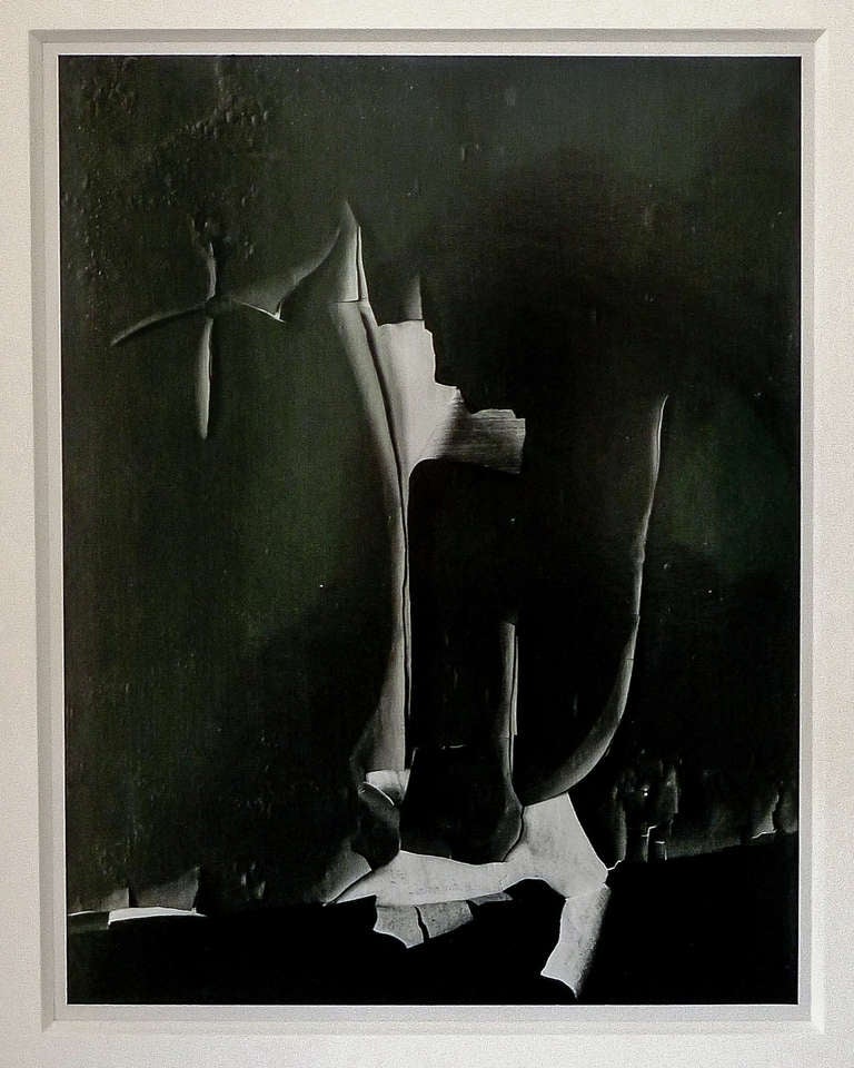 Minor White Abstract Black & White Gelatin Silver Print framed in hand finished ebony hardwood
Minor White (1908-1976, born in Minneapolis) “Peeling Paint, 1959”  Unsigned.
This silver gelatin print comes from the collection of recently deceased