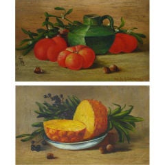 Antique Pair of Fruit Still Life Oil Paintings