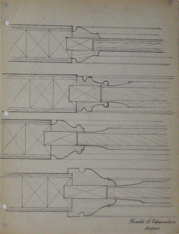 This group of 1920-1930s architectural drawings is a small sampling from a collection of approximately 44 works by Harold A. Edmondson and can be seen at:<br />
http://www.lostartsalon.com/architecturalillus.html Some pieces may sell individually