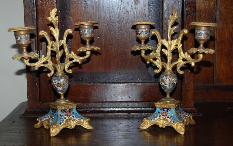 Pair of Antique French Champleve Enamel Bronze Dore Candelabra