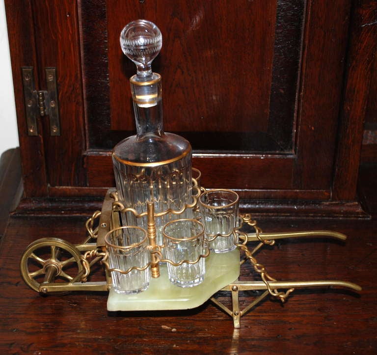 Antique Bronze and Marble Wheelbarrow Design Liqueur Set with Gilded Crystal Glasses and Decanter