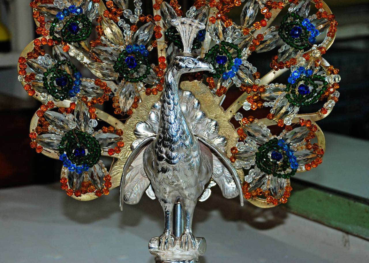 Antique Continental Silvered Bronze & Crystal Peacock Lamp
