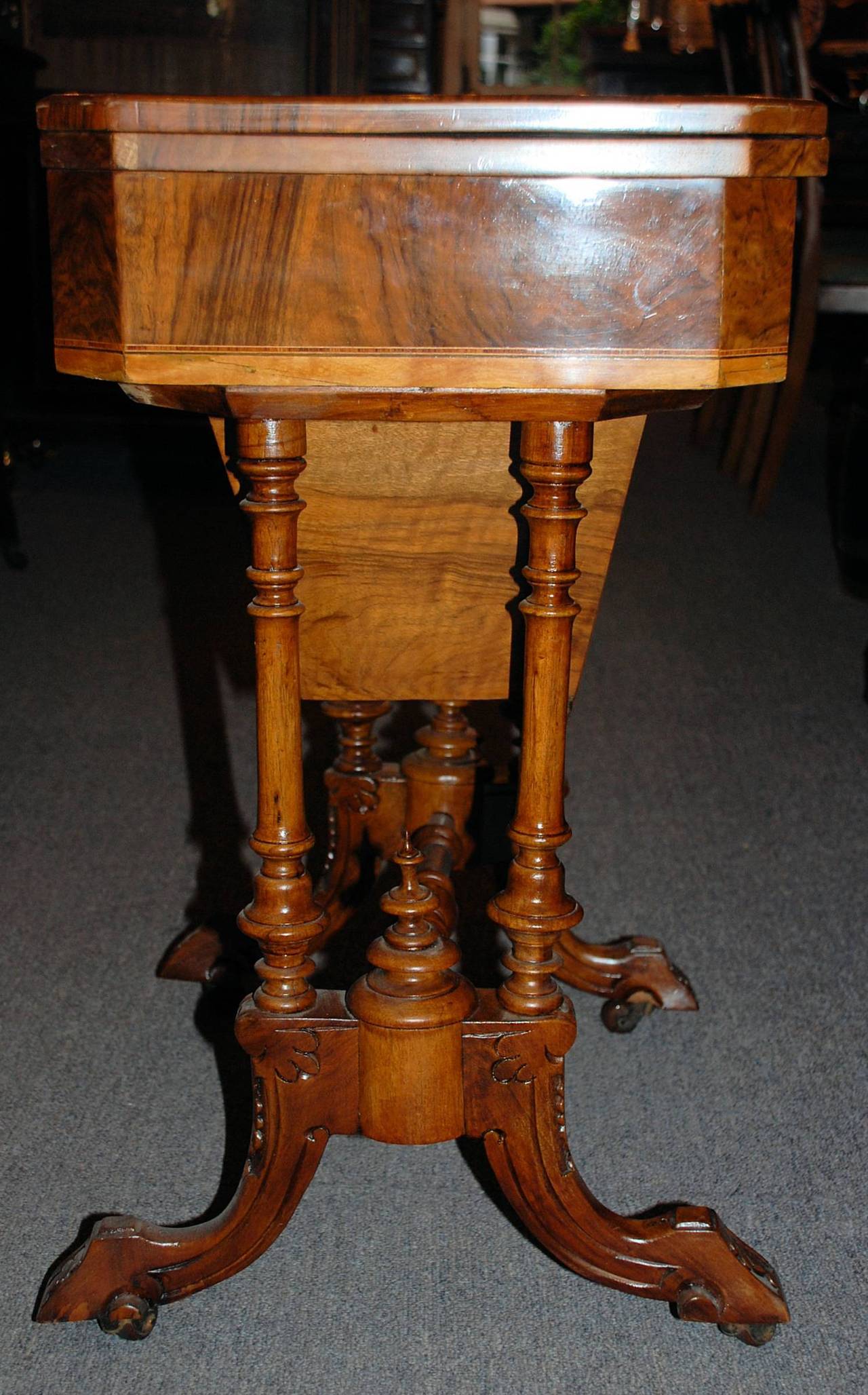 Antique English Victorian Burled Walnut Game Table 2