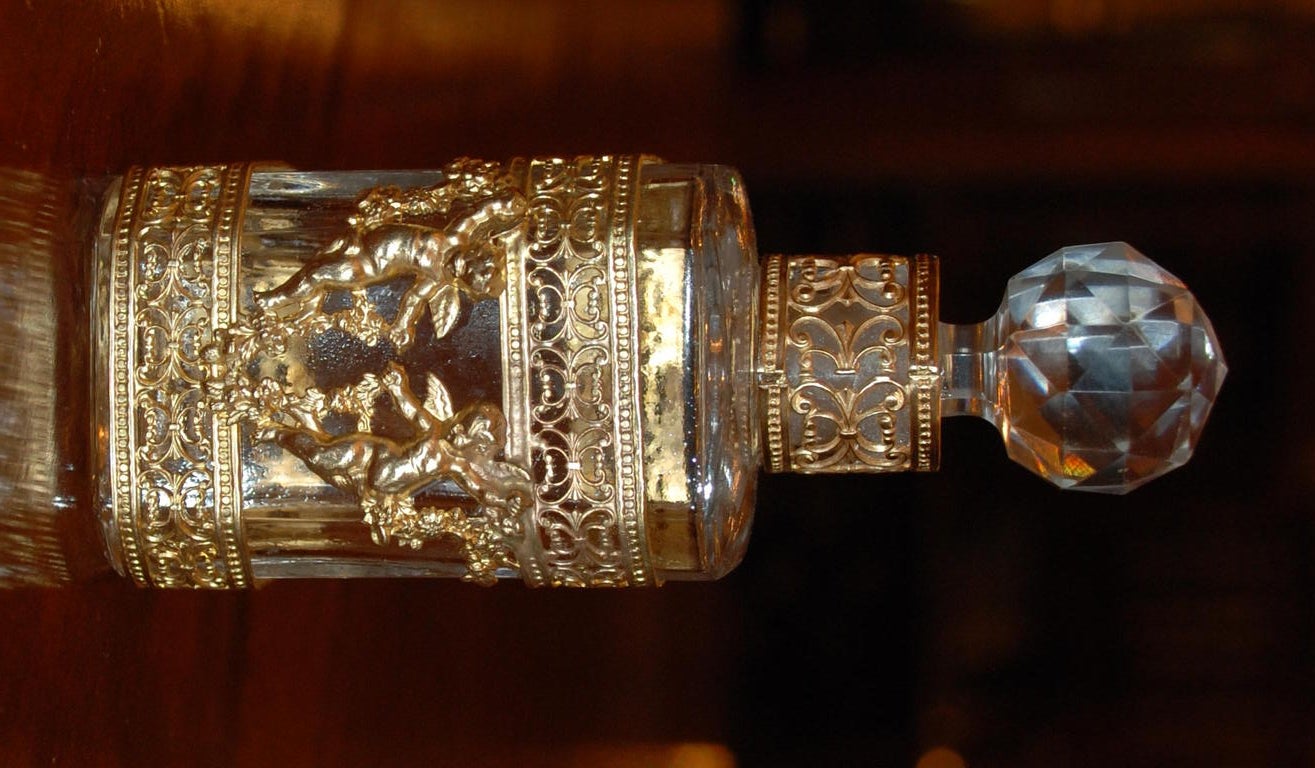 Antique French Cut Crystal and Gold Bronze Perfume Bottle, c.1870-1880