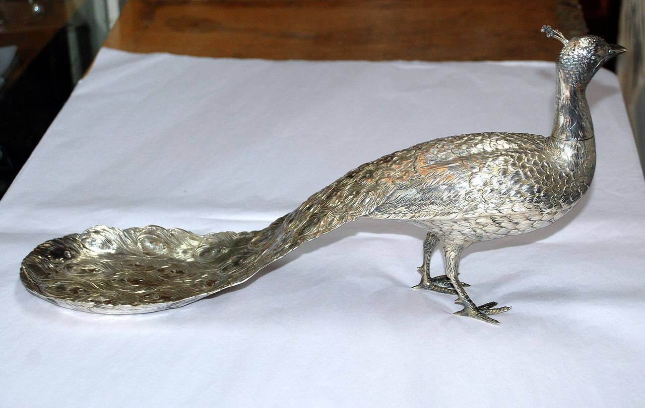 Antique sterling silver carved pheasant card or jewelry tray.