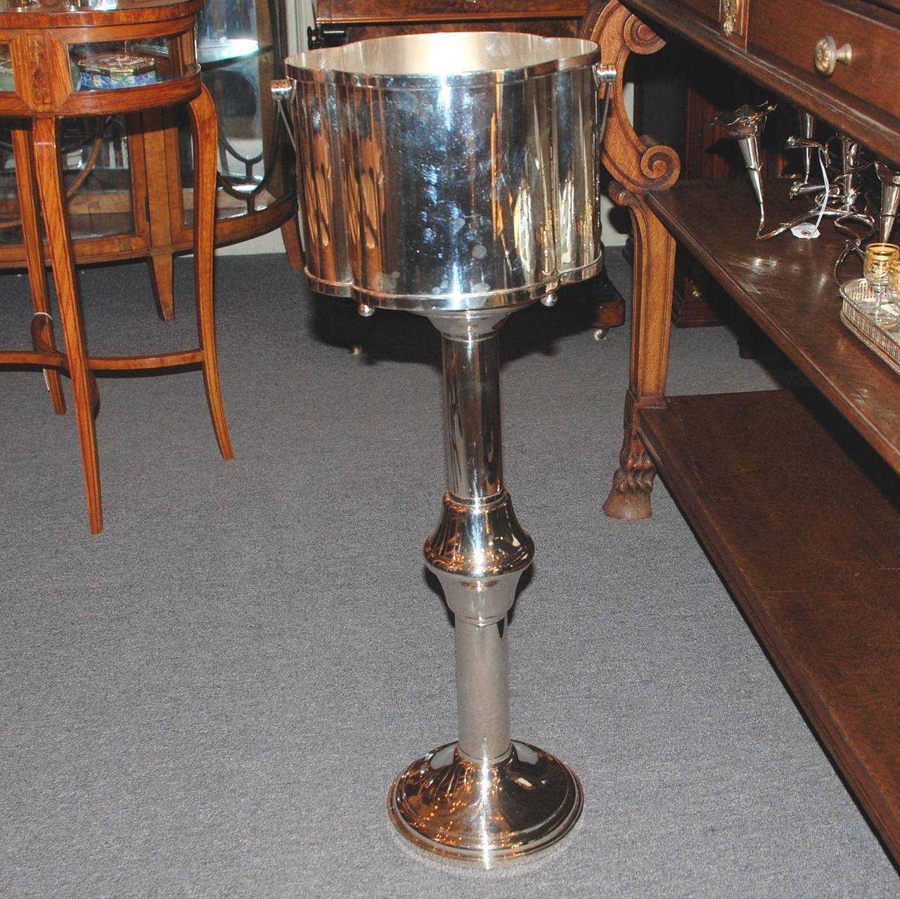 Estate silver plate champagne caddy bucket on stand.