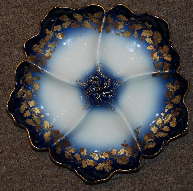 Antique French Limoges Oyster Plate, Colbalt blue, c. 1900, signed 