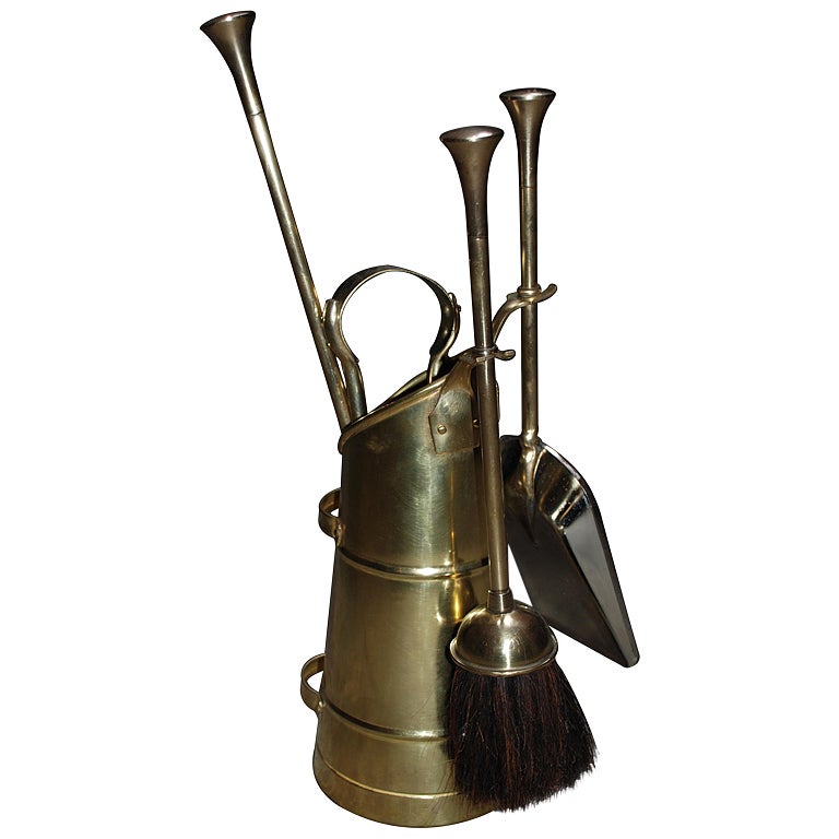 Antique English Brass Fireplace Tool Set, c. 1890s-1900s 5
