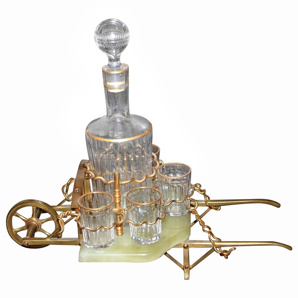 Antique Bronze and Marble, Wheelbarrow Liqueur Set