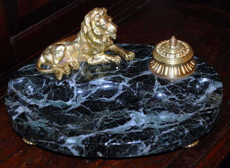 Bronze and Marble Inkwell Antique French Bronze and Marble Lion Inkwell, circa 1880