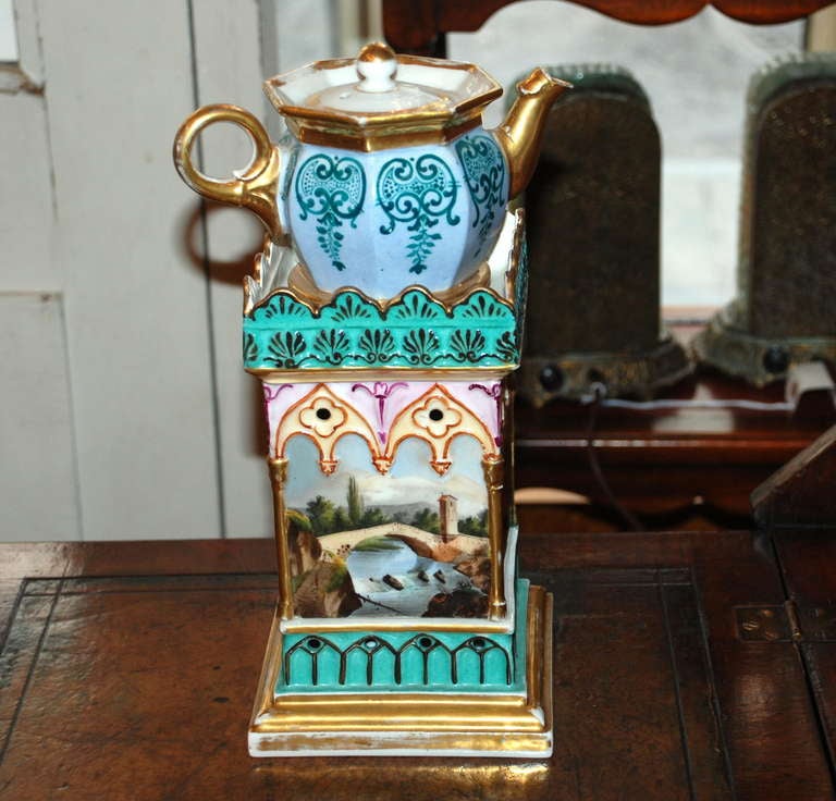 Antique French Veilleuse Night Light & Tea Warmer, c. 1860 on Hand painted Scenery on Porcelain