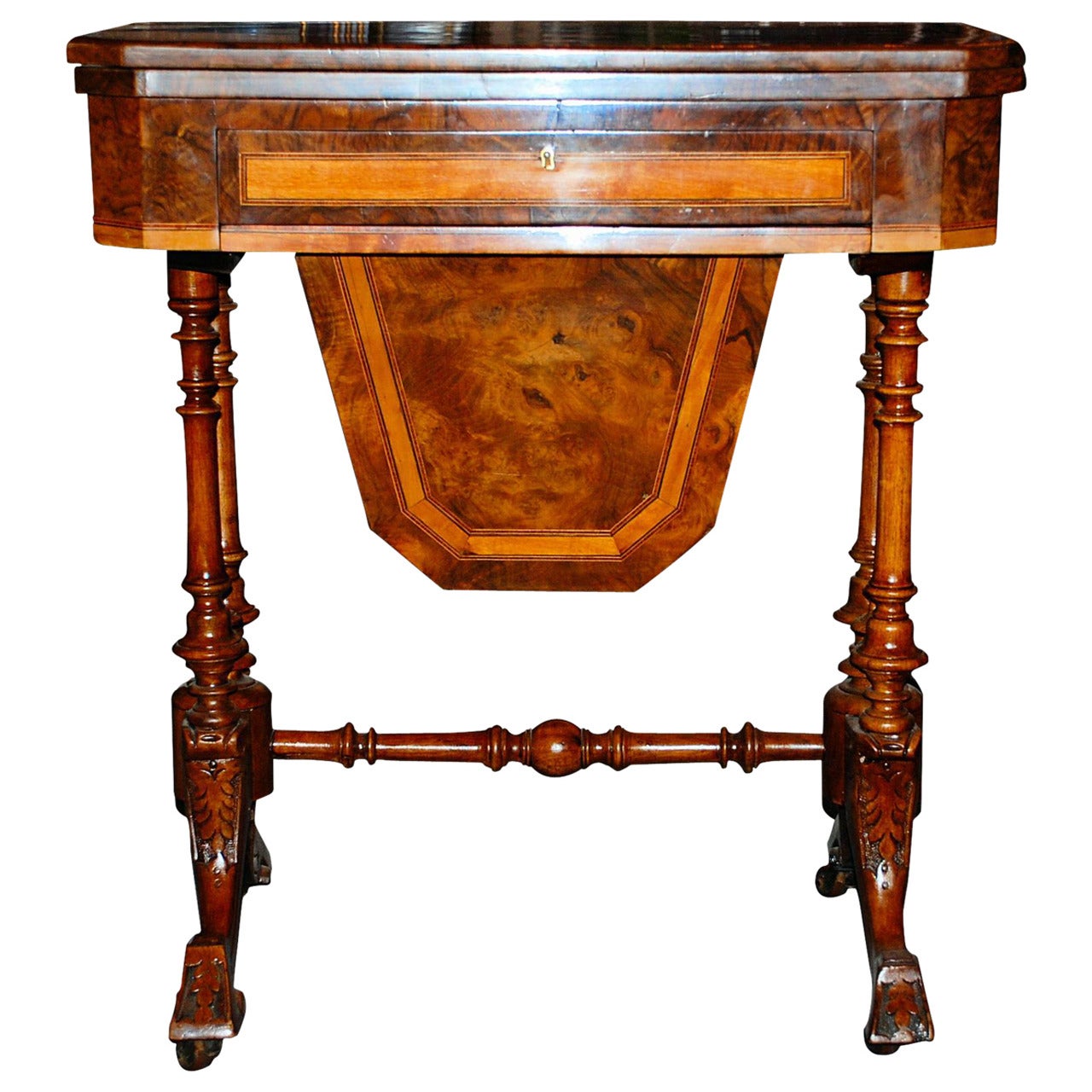 Antique English Victorian Burled Walnut Game Table