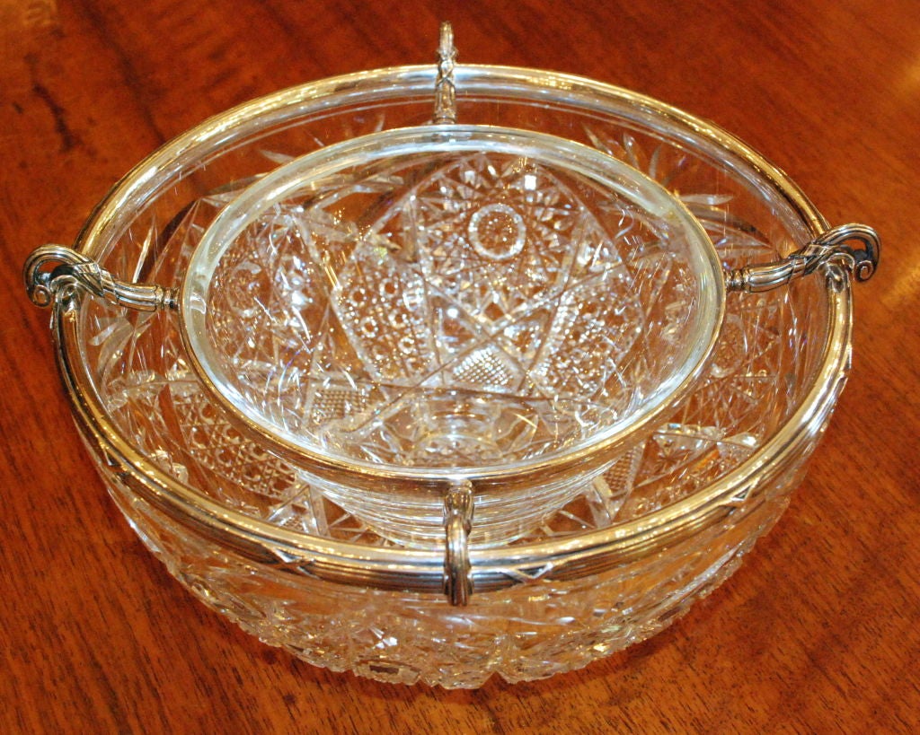 Antique American Cut Crystal Caviar Server/ removable insert bright work pinwheel design with silver plates mounts in the Ribbon and Reed Pattern circa 1920s