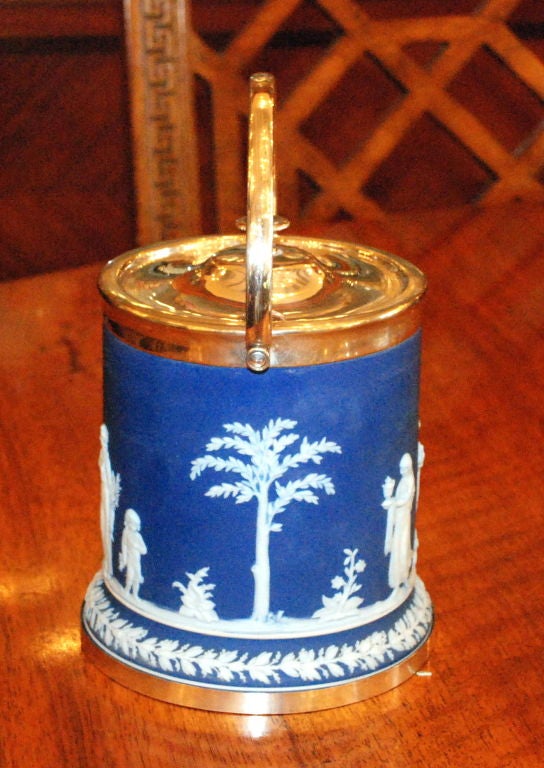 Antique English Wedgwood biscuit barrel with Sheffield silver plated mounts marked on bottom 