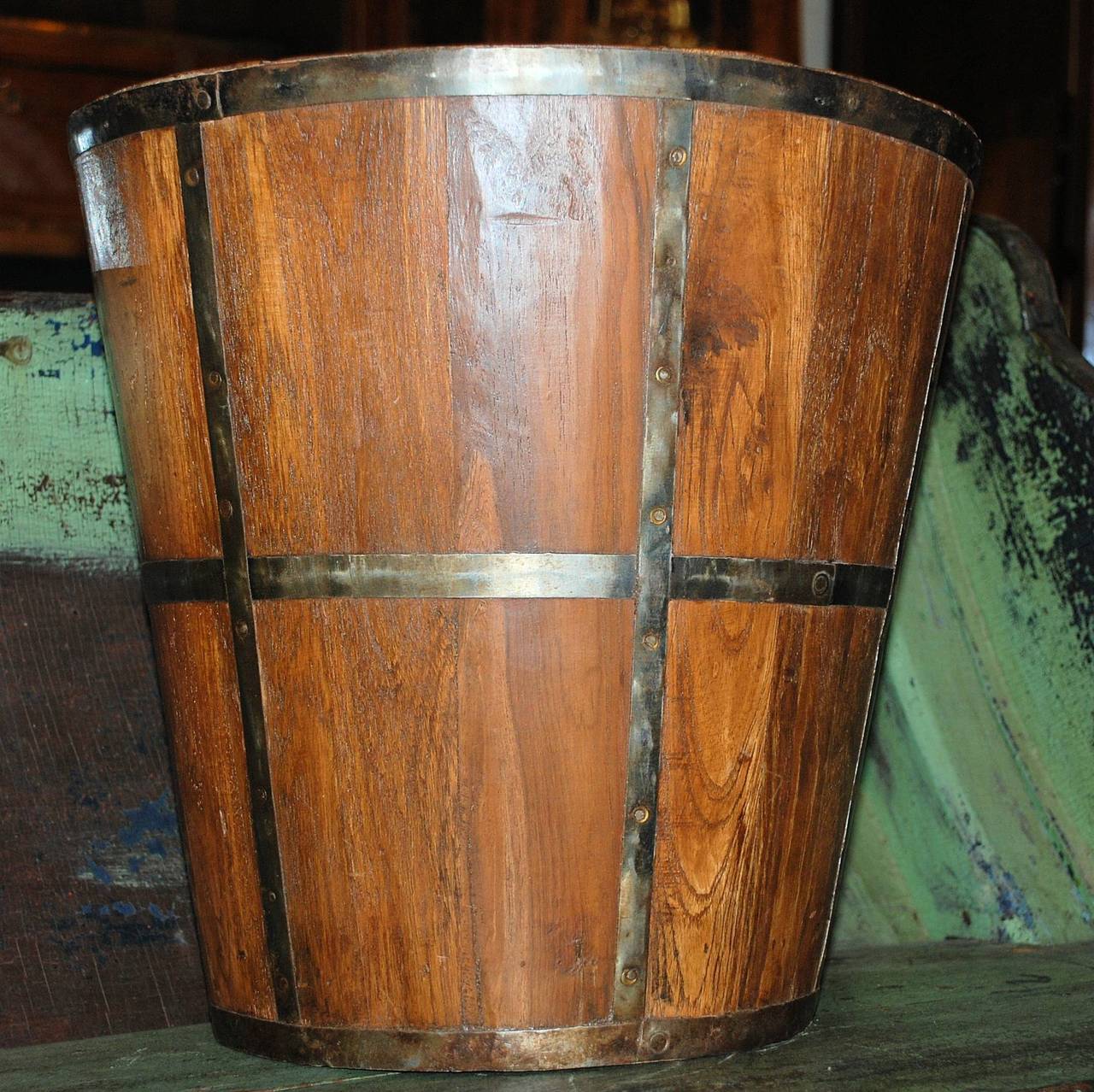 Folk Art Antique Walnut and Oak Bucket with New Liner