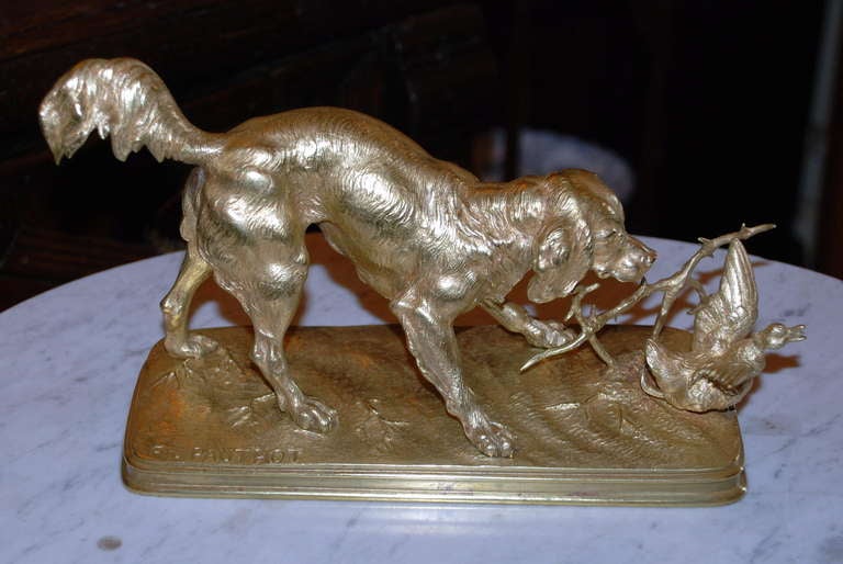 Antique French Bronze Statue, Hunting Dog and Duck, signed F. Pautrot