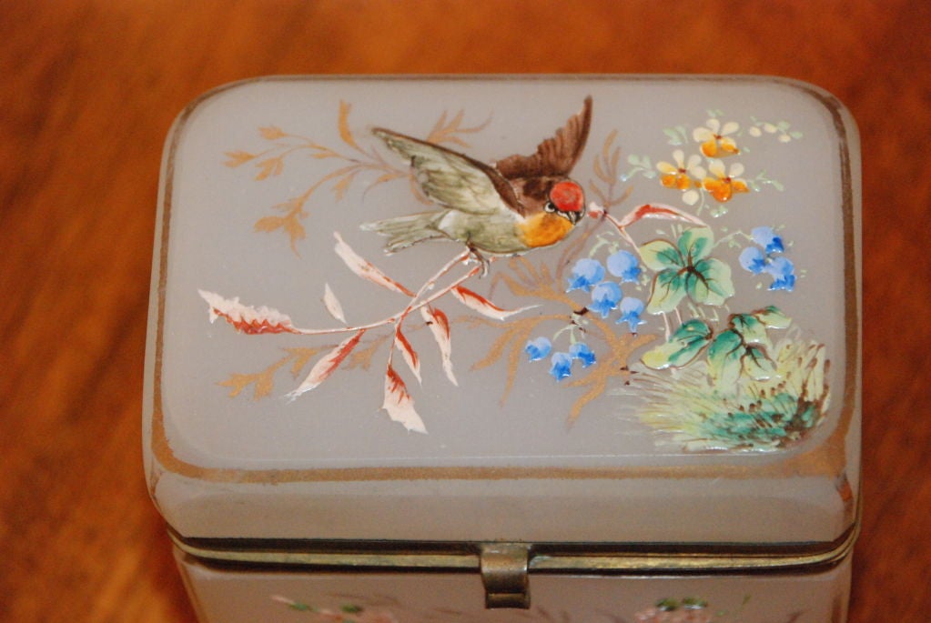 Antique French Art Nouveau Opaline glass Box with hand enameling