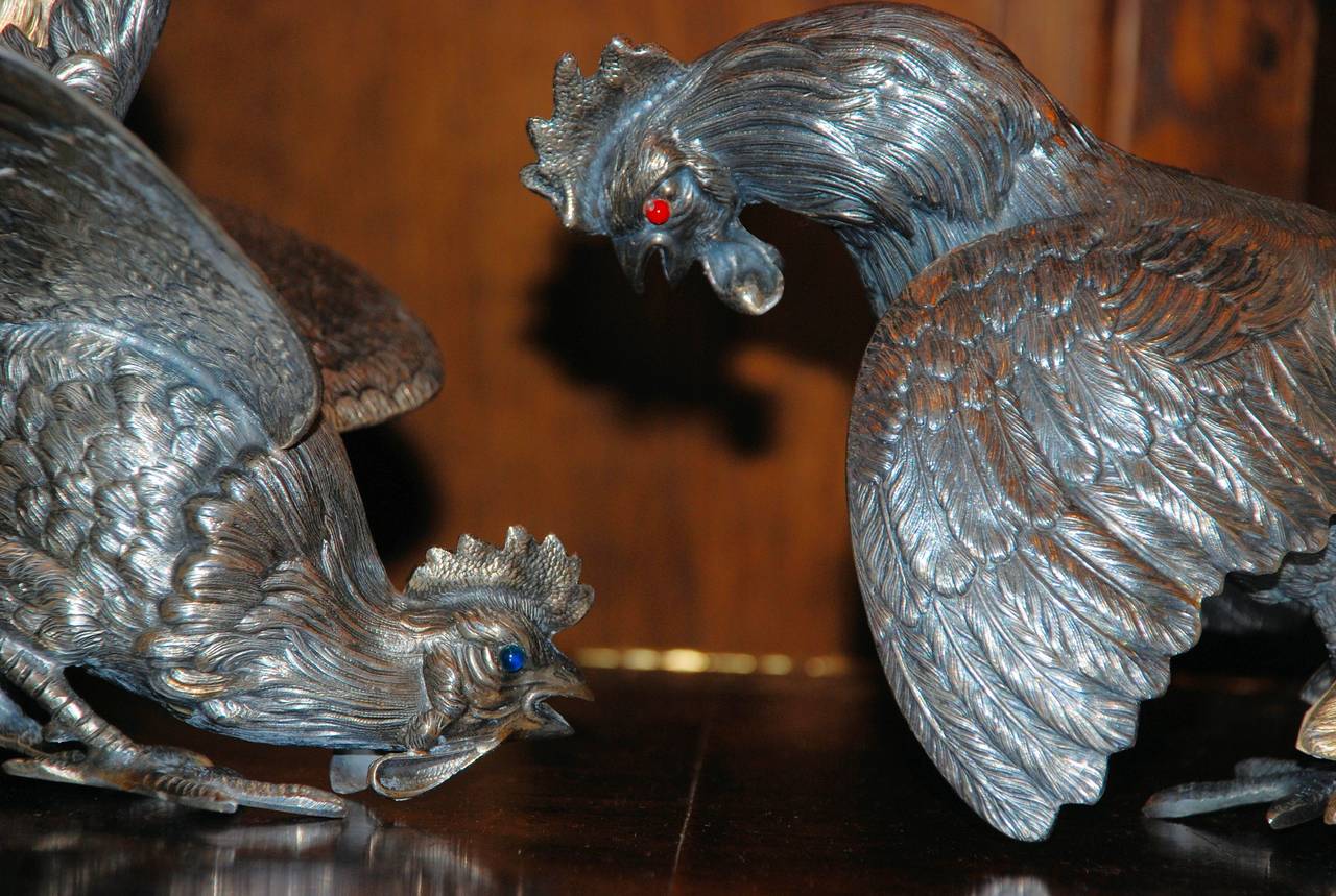 Antique German Sterling Silver Hand-Etched Roosters