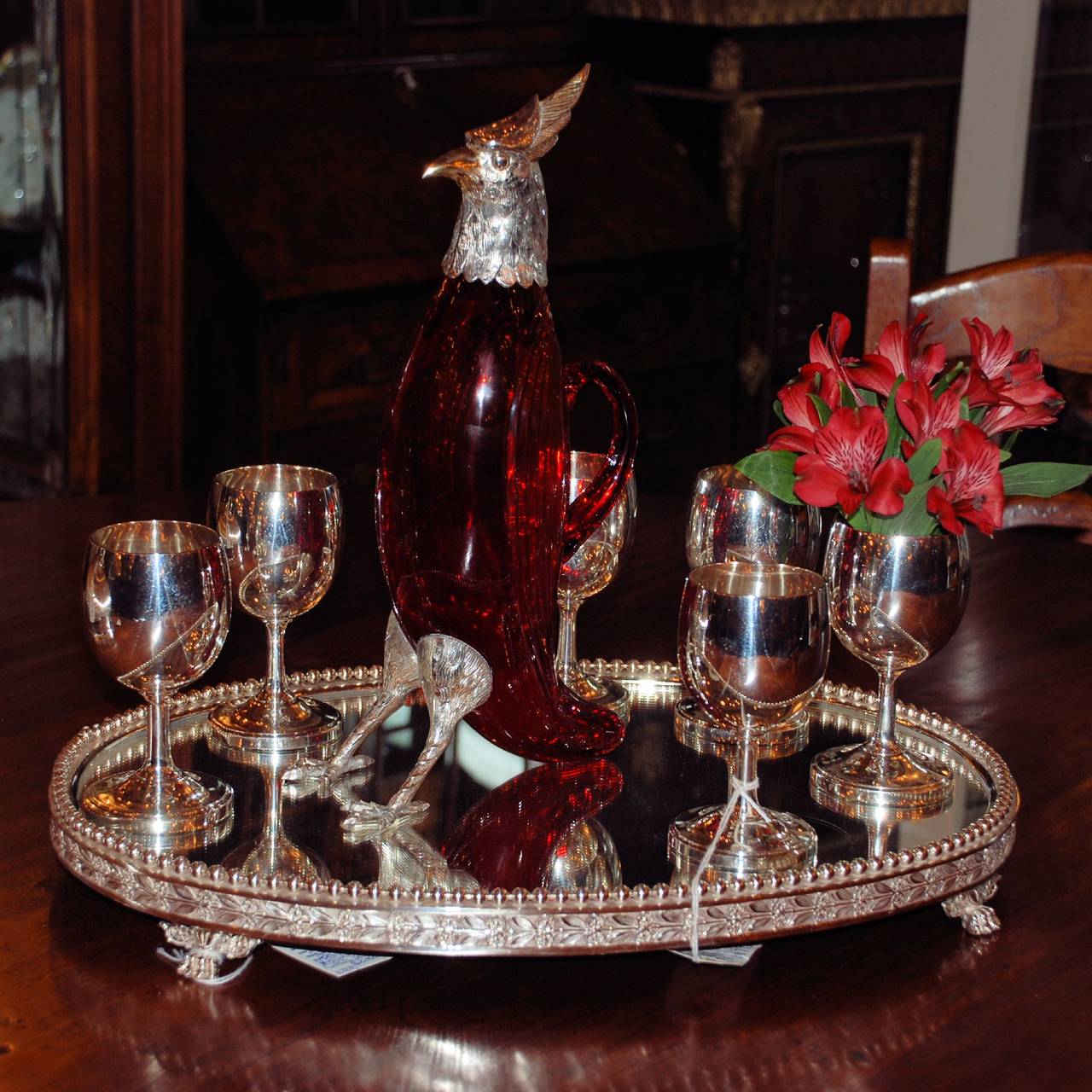 Antique Ruby Glass & Silver Decanter