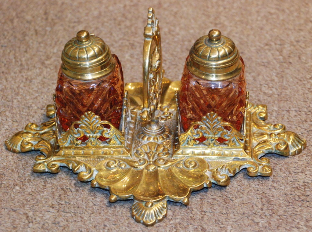 Antique English brass and crystal double inkwell.