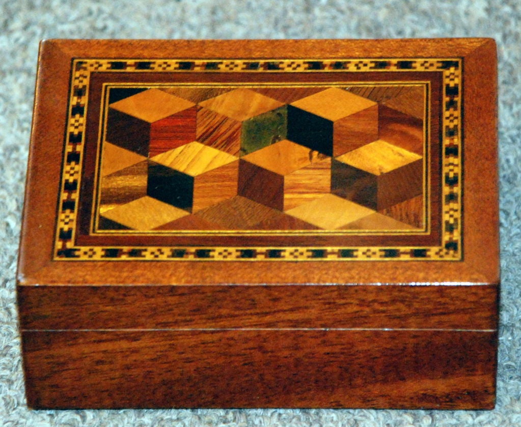 Antique English Walnut Jewel Box Tunbridge Inlay