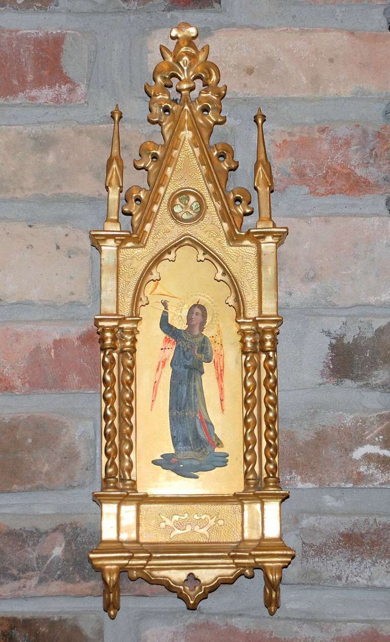 Antique 19th Century Hand-painted Italian Arch Angel Icon on Porcelain in Carved wood and Gesso frame