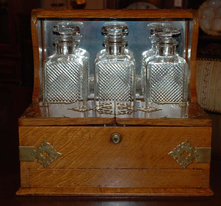 Antique English Golden Oak Tantalus Set, c.1880-90