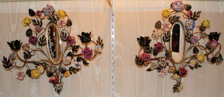 Antique French Porcelain Flower Cluster Mirror Wall Sconces