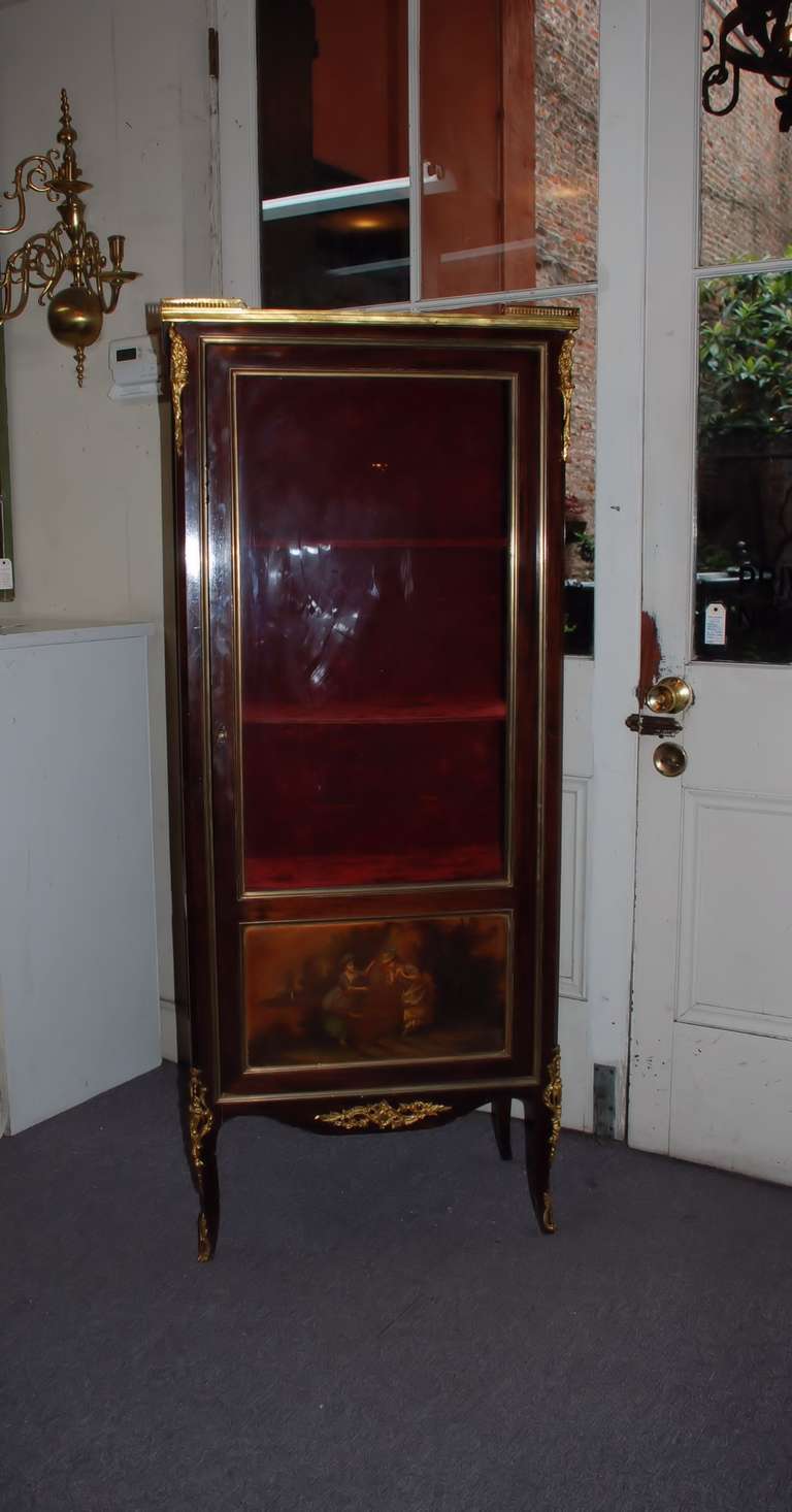 Antique French hand-painted mahogany with carved ormulu mounts vitrine cabinet, signed 