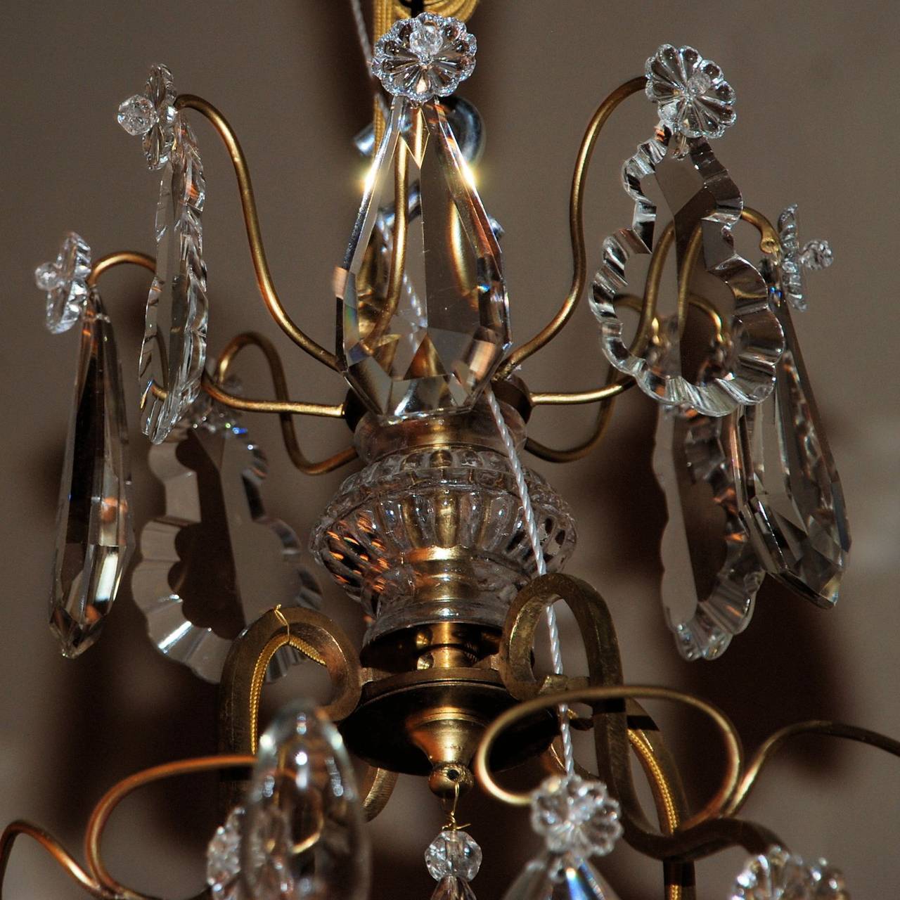 Antique French bronze gold and crystal chandelier.