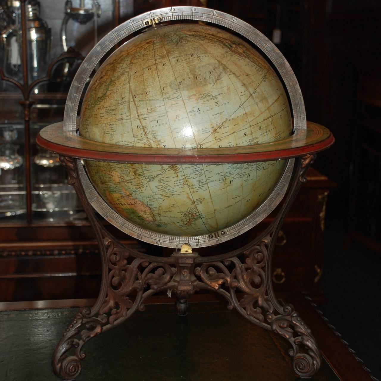 Antique French Terrestrial Globe on Cast Iron Base that was imported to NYC by J Schedler