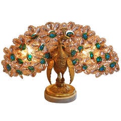 Antique Bronze and Crystal Peacock Lamp, c. 1920's