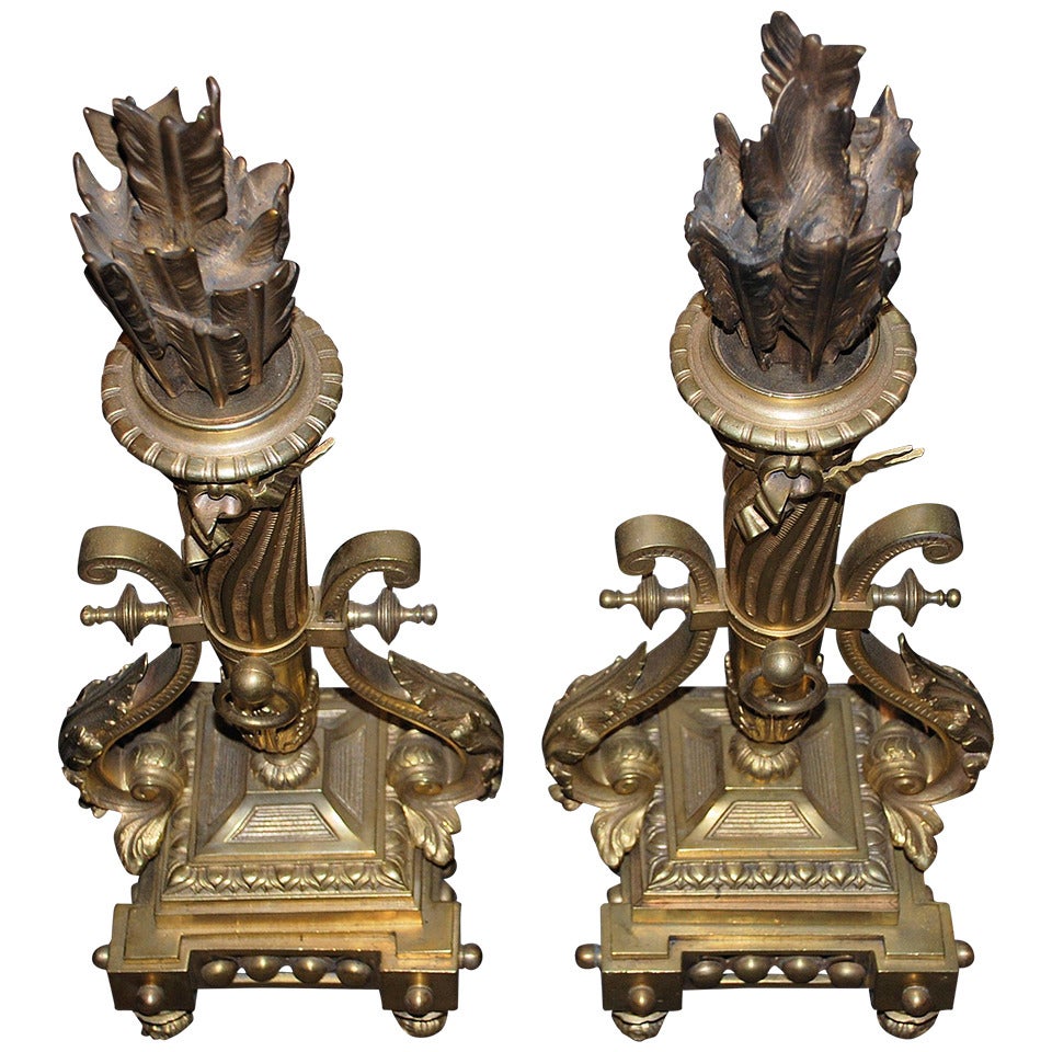 Antique French Gold & Patinated Bronze "Quivers & Arrows" Andirons, Circa 1890. For Sale