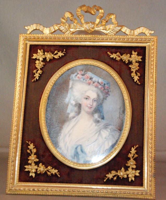 Antique French Miniature Portrait on ivory signed by Lagarde, in the style of Gainsborough Bronze D'ore Louis XVI Style Frame circa 1850-1880