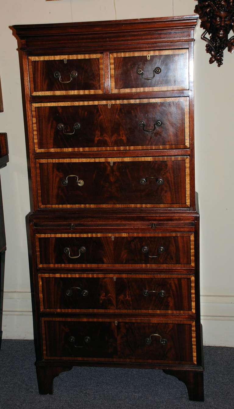 Antique English Edwardian Carved Mahogany Chest on Chest of Drawers